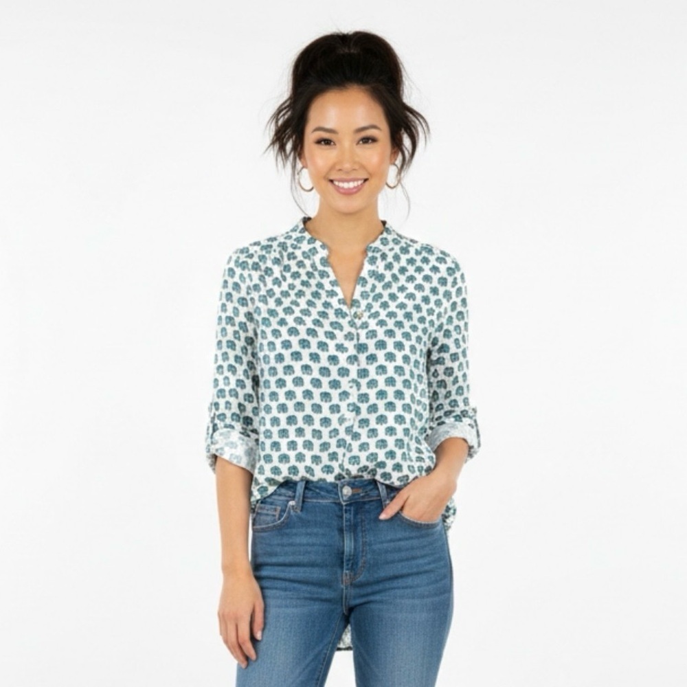 Windsor Elephant Print Roll-Tab Blouse | Size Large